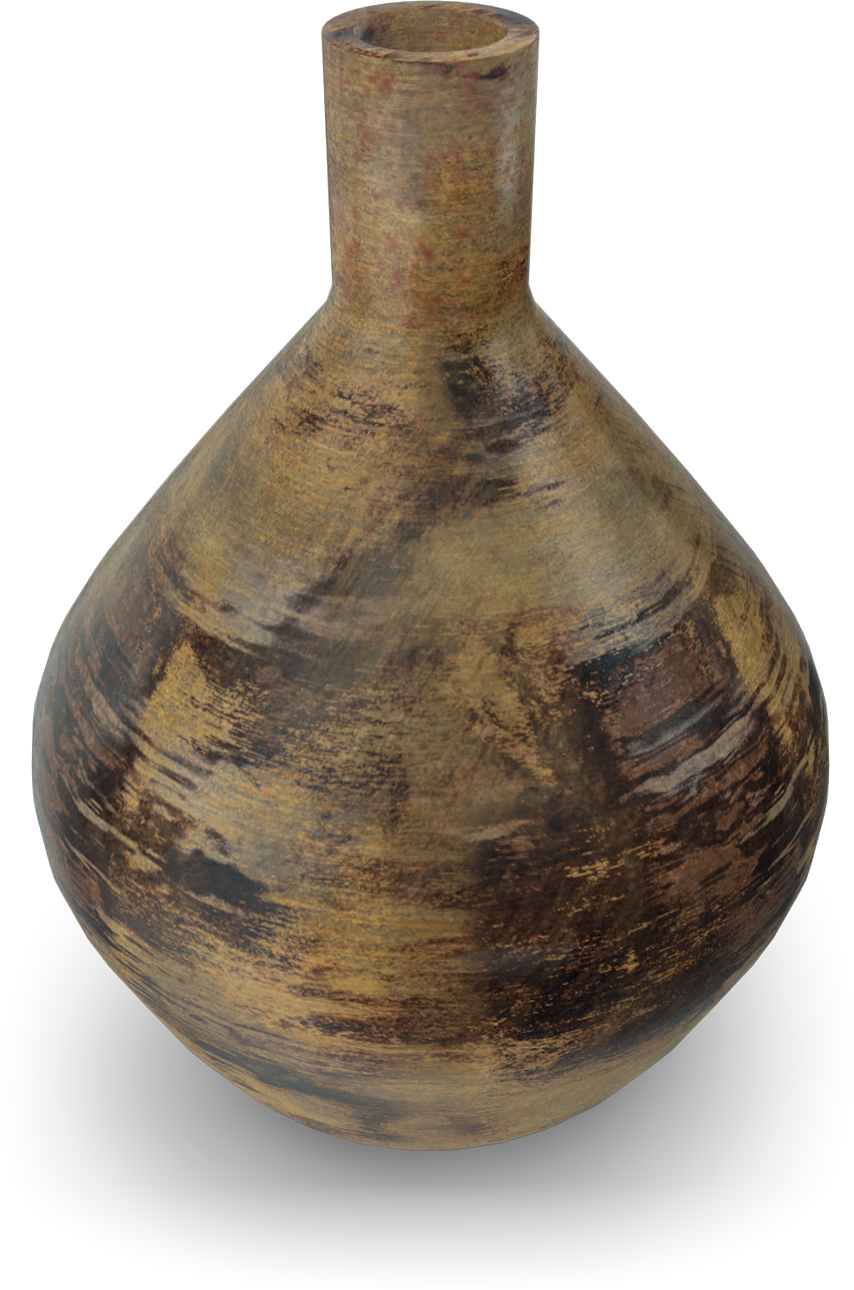 A rustic, bulbous clay vase with a narrow neck, earthy brown tones, and dark, uneven brush-like streaks. The surface appears textured and aged, with a matt finish and a hand-crafted, ancient pottery look. The background is plain and black.
