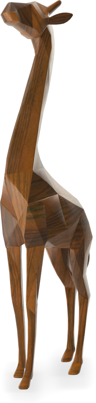 A tall, stylised giraffe sculpture made of faceted, angular surfaces resembling wood. The geometric design simplifies the giraffe’s body and legs, with sharp edges and a smooth, brown wood-like texture throughout.
