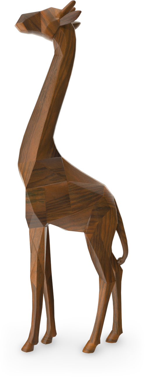 A tall, stylised giraffe sculpture made of wood with a smooth, polished finish. The giraffe has elongated legs, neck, and body, with simplified angular features and visible wood grain patterns throughout its surface.