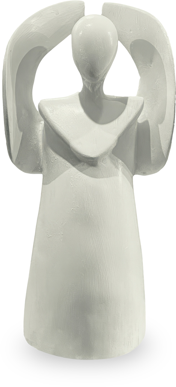 A smooth, white sculpture of an abstract angel with folded wings, no facial features, and simple, rounded shapes. The angel's arms are slightly bent, and the surface has a subtle textured pattern resembling brush strokes.