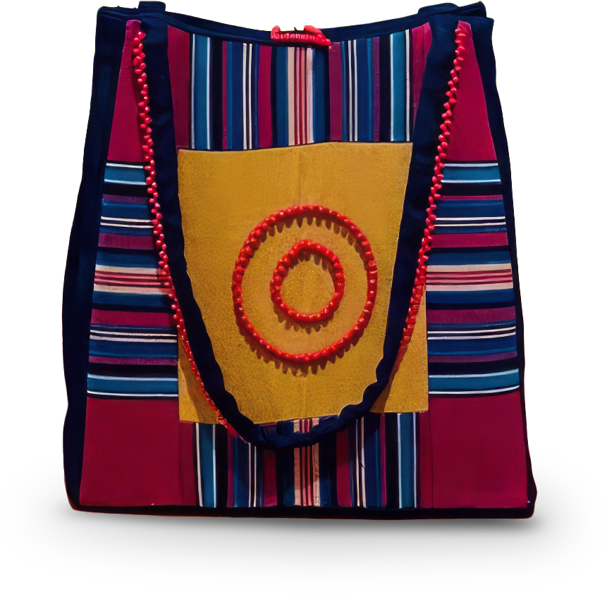 A colourful fabric tote bag with vertical and horizontal stripes in navy, white, red, and blue. The front features a large yellow square and two red circular designs, with red braided handles draped across the front.