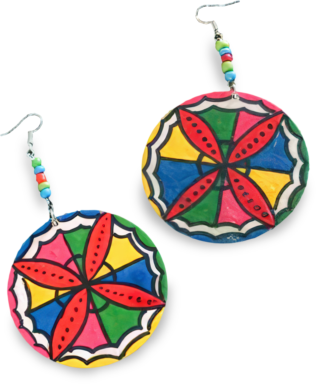 Two round earrings with colourful geometric designs. Each features six red petals, blue, green, and yellow sections, black outlines, and white scalloped edges. The hooks have small multicoloured beads threaded above the large, flat discs.
