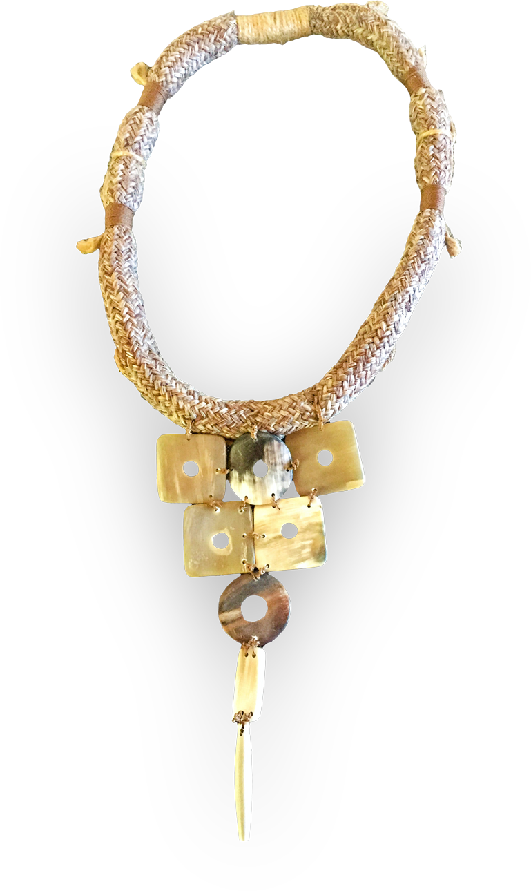 A necklace with a thick, woven beige cord features a pendant made of three rectangular shell pieces, a round shell ring, and dangling shell and bone-like elements, all arranged vertically. The shells have an iridescent, natural finish.