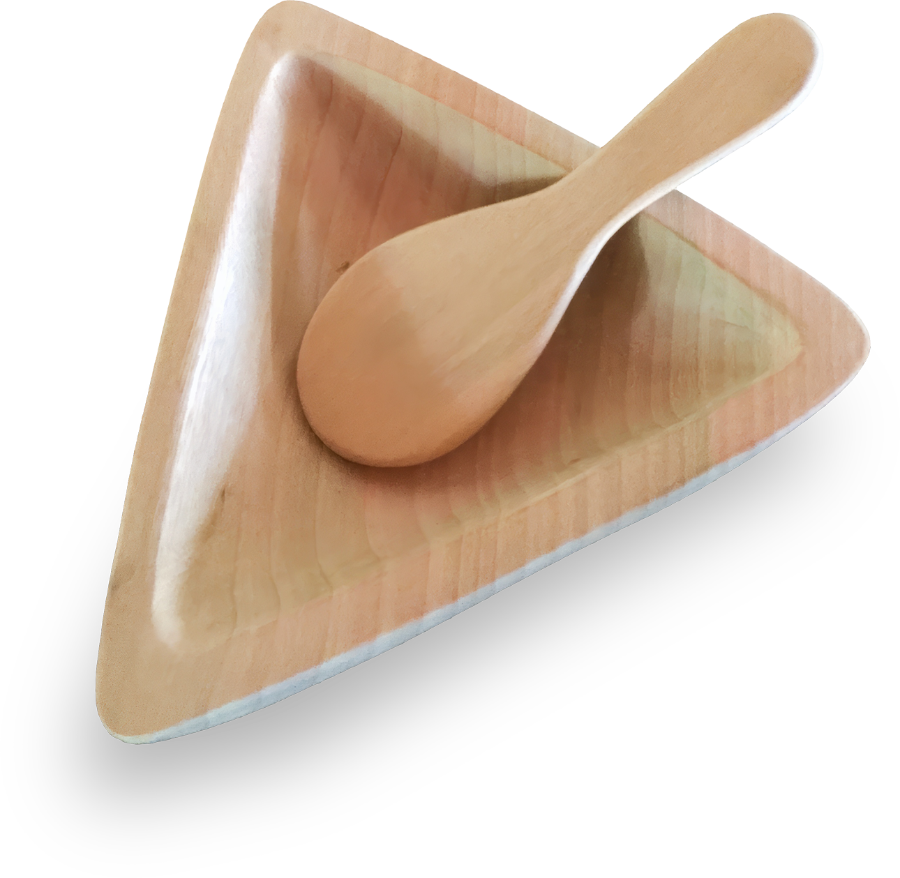 A light wooden triangular dish with rounded edges, holding a matching smooth wooden spoon. Both items have a natural wood grain finish and are placed on a plain background.