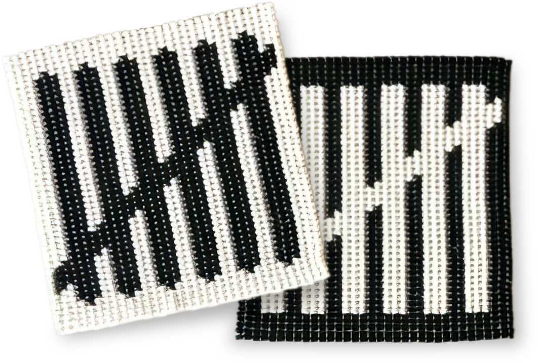 Two square needlepoint designs display tally marks. One is white with black tallies, the other black with white tallies. Both show four vertical lines crossed diagonally by a fifth line, representing the number five, and are set on a transparent background.