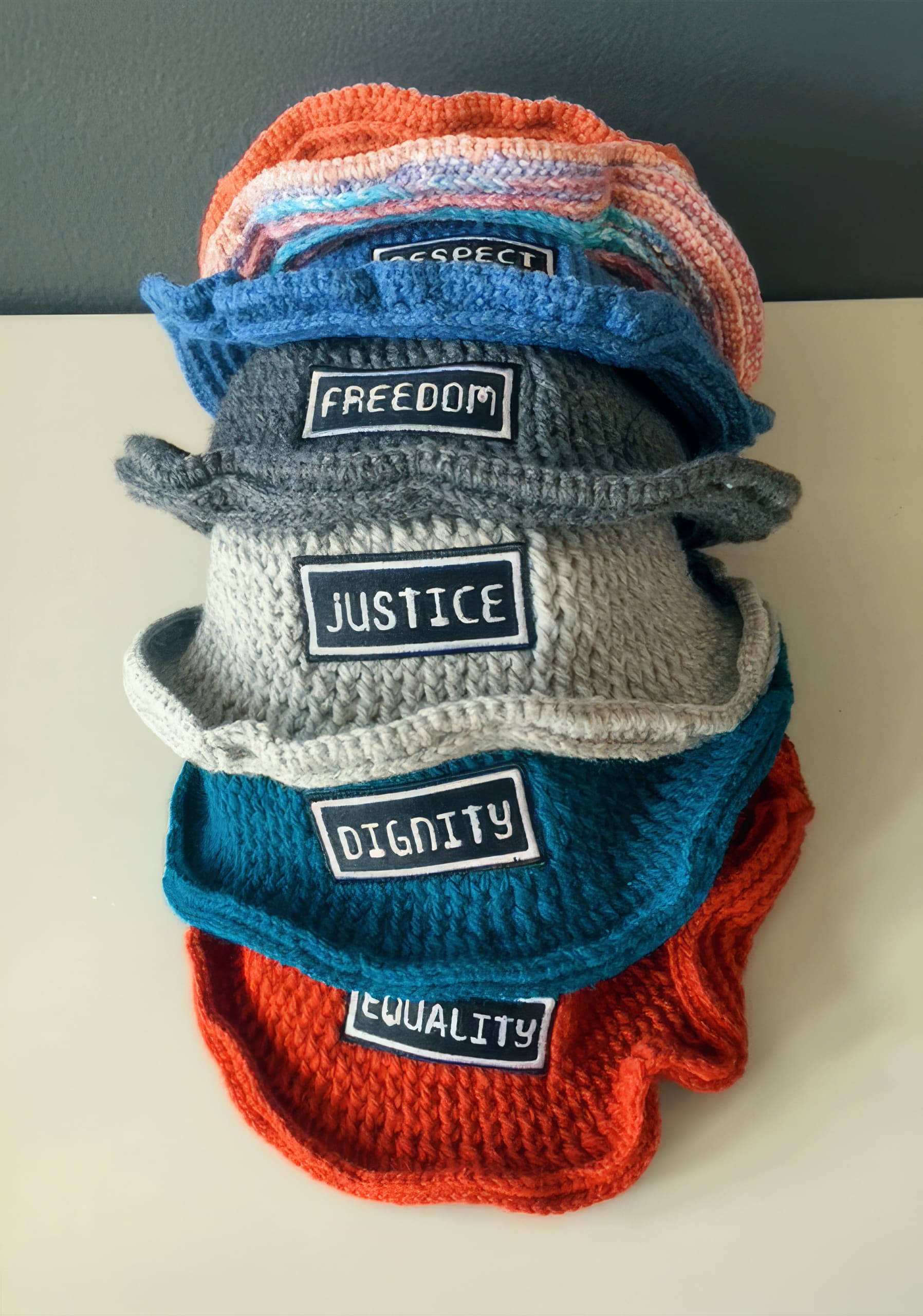 A stack of five crocheted hats sits on a white surface. Each hat features a patch with a different word: 