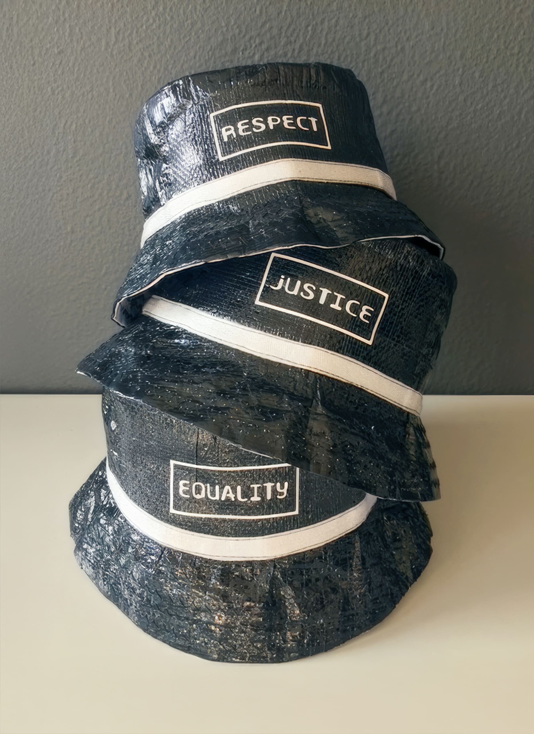 Three black bucket hats stacked on top of each other, each featuring a white rectangular patch with bold black text. From top to bottom, the hats read: 