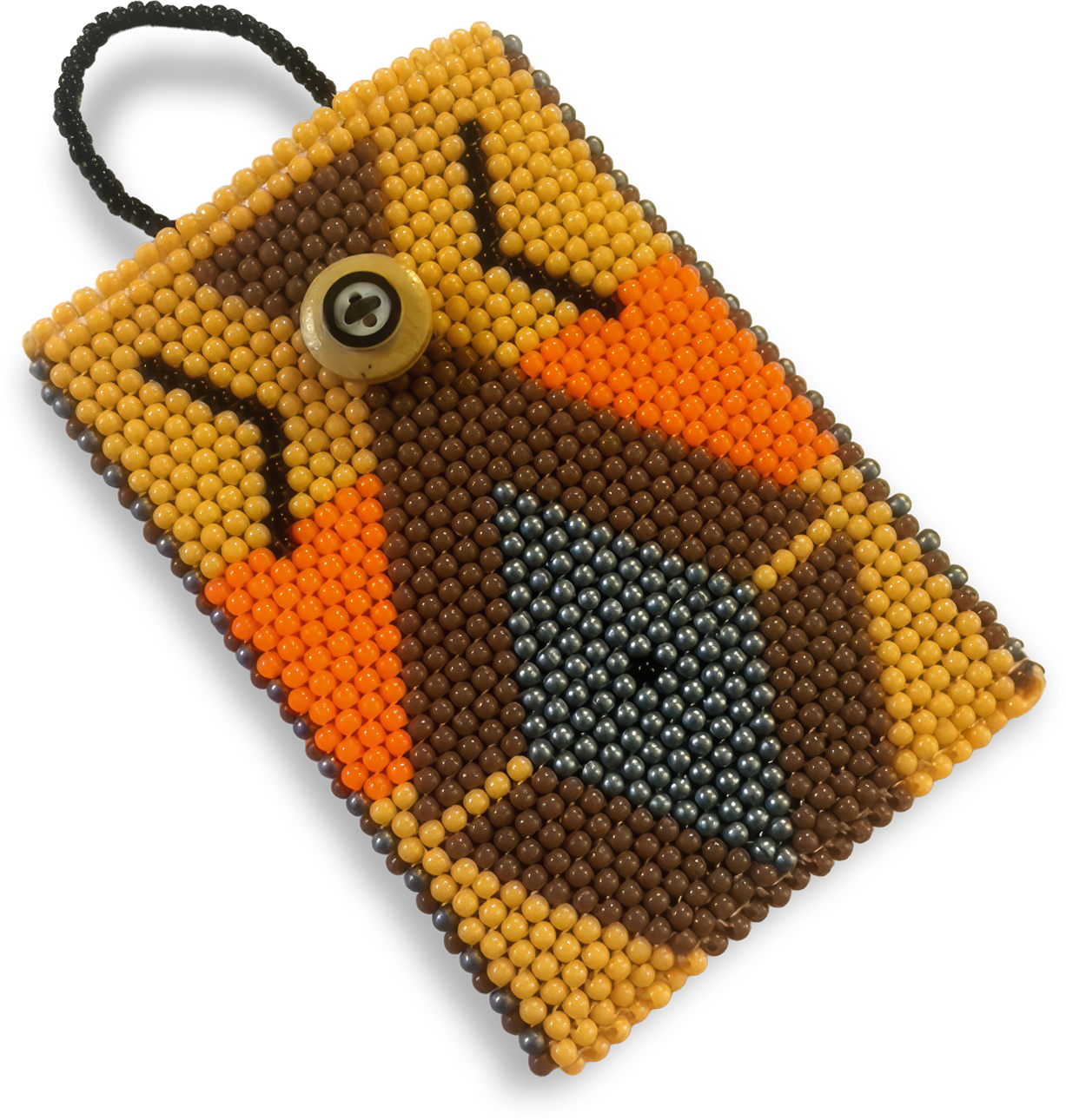 A beaded pouch with a geometric pattern in yellow, orange, brown, and black beads. The pouch has a looped handle and a brown button fastening, arranged in a diamond and chevron design.