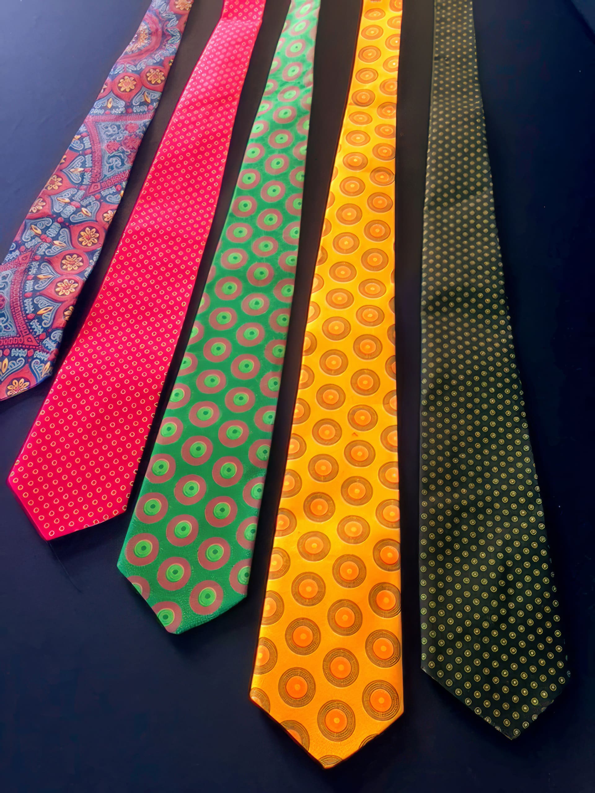 Five neckties are laid out side by side on a dark surface. They feature bold patterns: paisley, red with small dots, green with red and gold circles, yellow-orange with orange circles, and dark green with small gold dots.