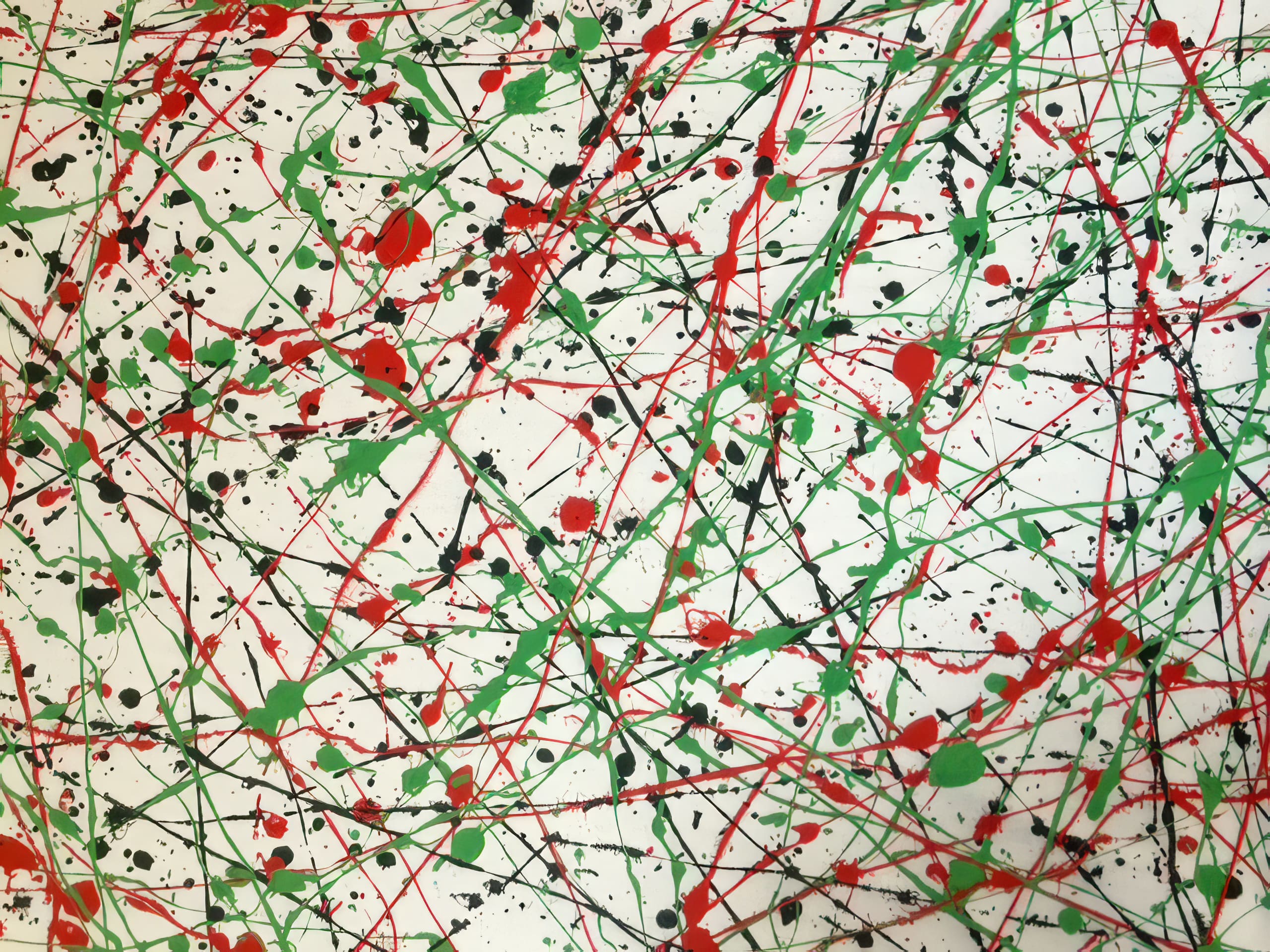 Abstract painting featuring energetic splatters and drips of red, green, and black paint across a white background. The lines and spots overlap chaotically, creating a dynamic, random pattern reminiscent of Jackson Pollock’s drip technique.