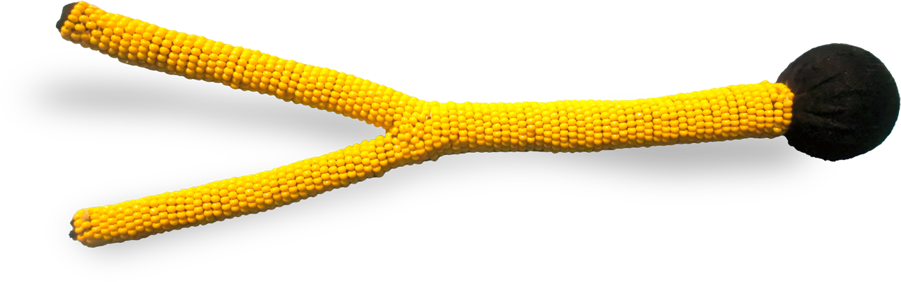 A model of a chromosome showing a Y-shaped yellow structure covered in small beads, with two arms branching from a central point and a black circular cap at one end, representing the centromere. The background is transparent.