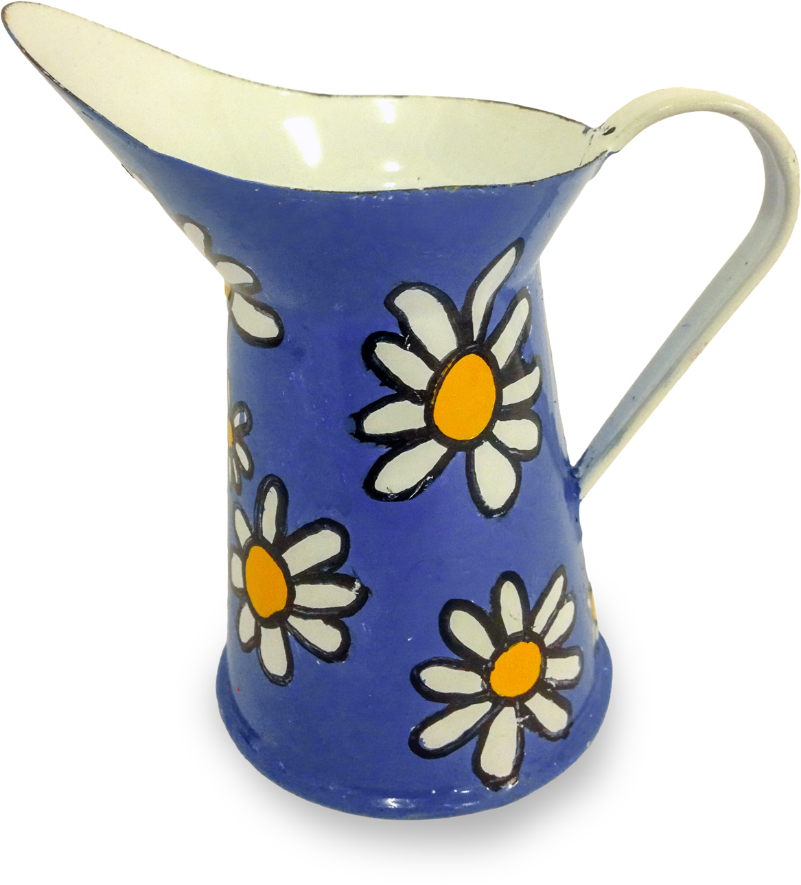 A blue metal jug with a curved handle and a wide spout, decorated with large white daisies with yellow centres and black outlines, on a transparent background.