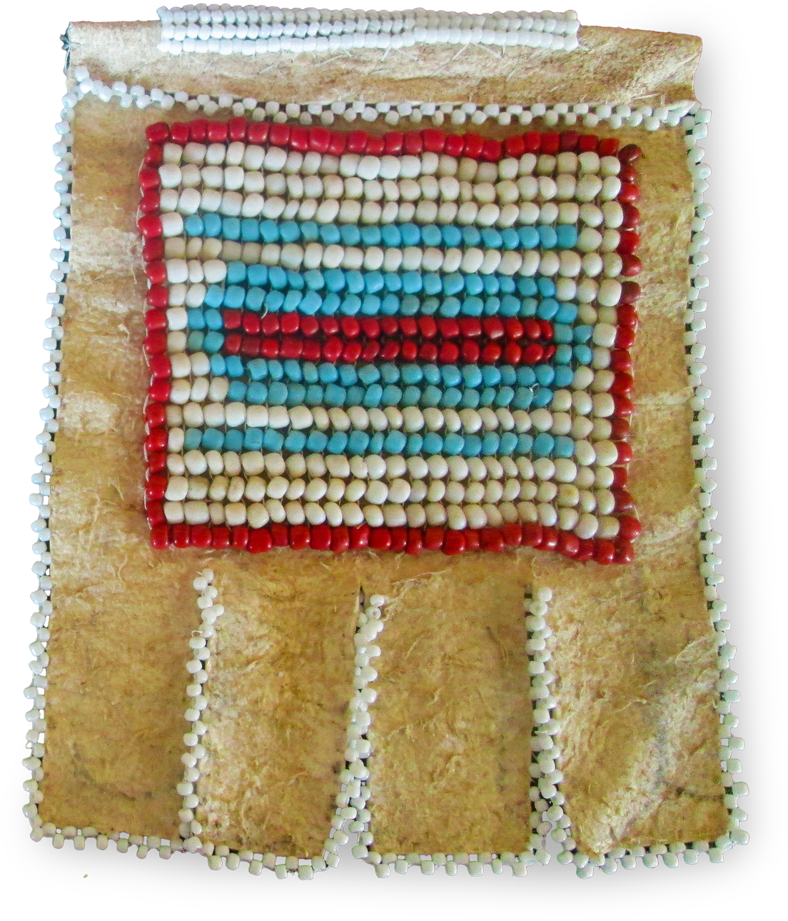 A rectangular piece of tan animal hide is decorated with rows of white, red, and blue beads. The beads form a rectangular pattern with a central blue stripe bordered by red and white rows. The edges of the hide and pattern are outlined with white beads.