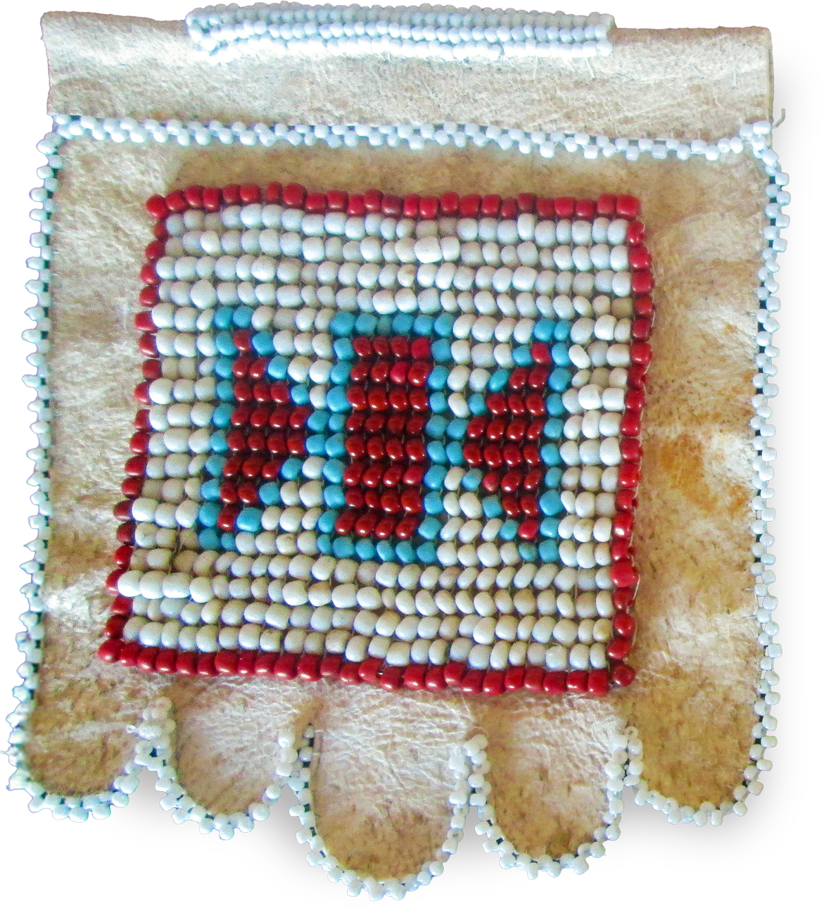 A small, tan, leather pouch features a rectangular beadwork design in white, red, and blue. The edge and lower scalloped border are outlined with light blue beads; a geometric red-and-blue motif is centred within a white beaded field.