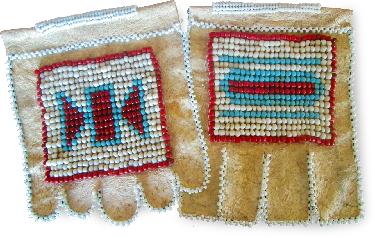 A pair of tan, leather, fingerless gloves decorated with intricate beadwork. The left glove has a pattern of red, white, and blue beads, mainly red and white stripes. The right glove features horizontal lines in white, blue, red, and turquoise beads.