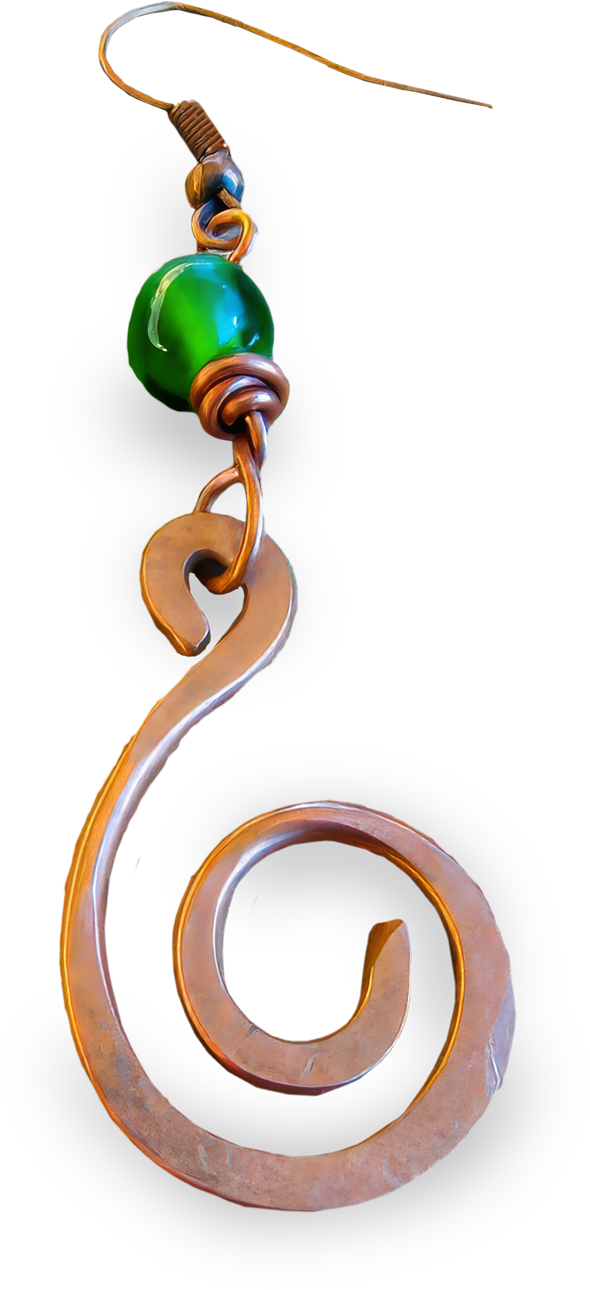 A single copper wire earring forms a spiral shape, topped with a green glass bead wrapped in copper wire. The earring has a fishhook ear wire for wearing, and the metal has a rustic, handmade appearance. The background is transparent.
