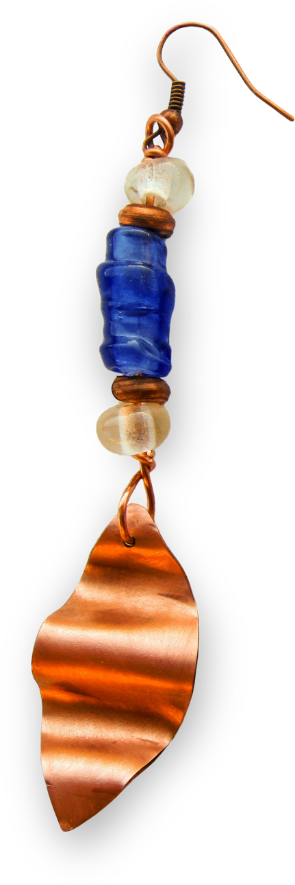 A handcrafted earring with a rippled copper leaf-shaped drop, two round translucent beads, a cylindrical blue bead, and copper wire accents, all hanging from a copper hook, set against a black background.