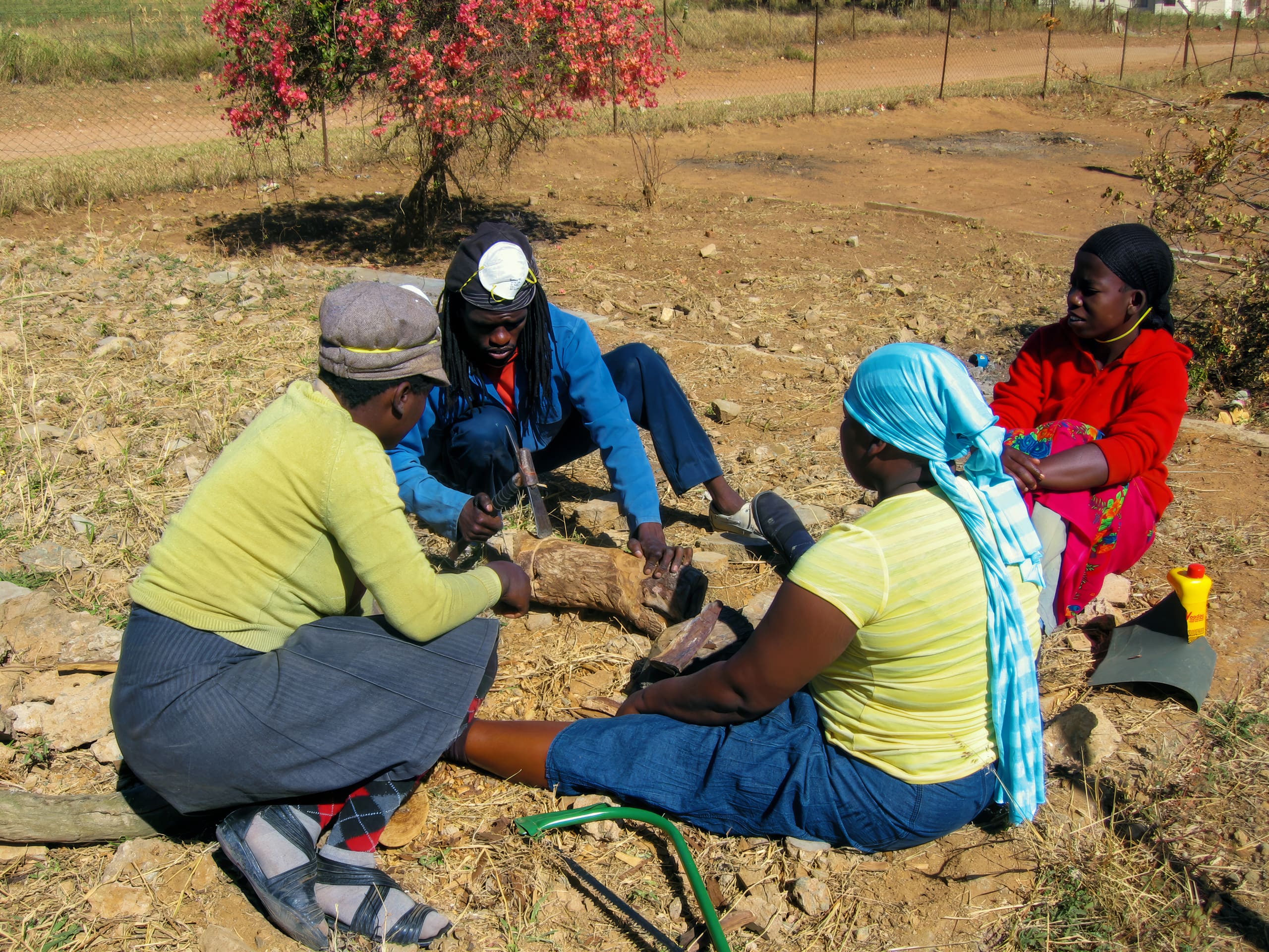 Four women sit on dry ground, gathered around a piece of wood, possibly preparing food or working together. They wear colourful clothes and headscarves. A pink-flowering bush and a fence are in the background, with dry grass surrounding the area.
