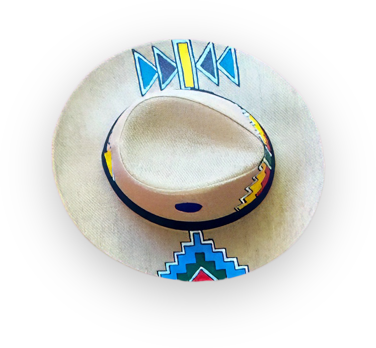A light tan, wide-brimmed hat with hand-painted geometric patterns in blue, yellow, red, and green on the brim and crown, viewed from above against a solid black background. The patterns suggest Indigenous or Southwestern design influences.