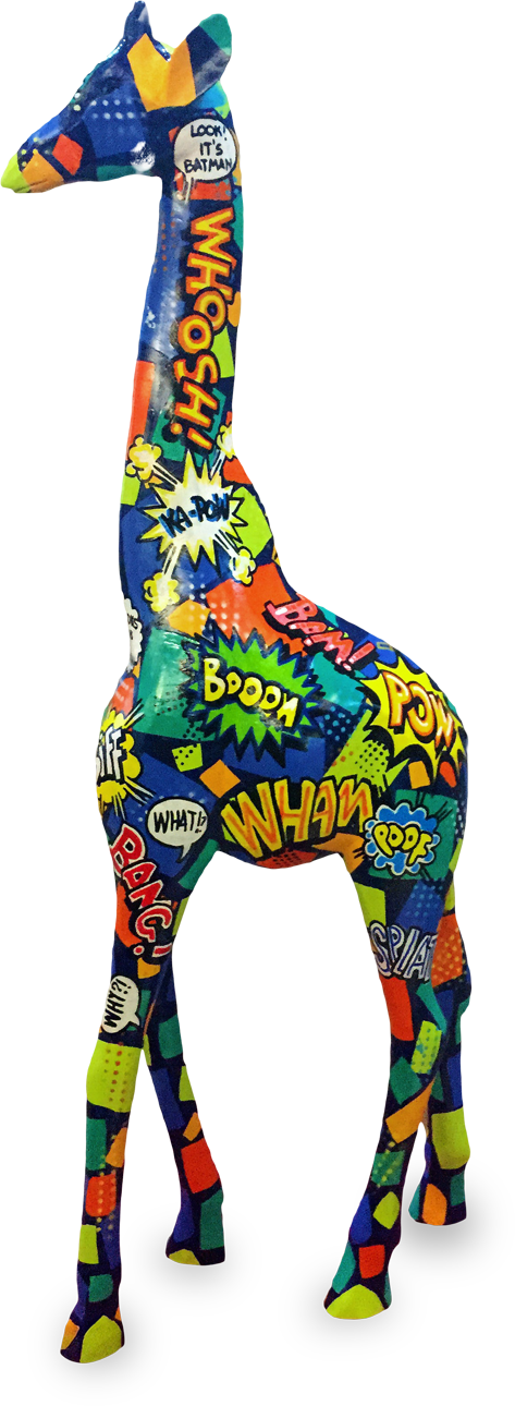 A tall giraffe sculpture is covered in colourful comic book-style graphics and words like 