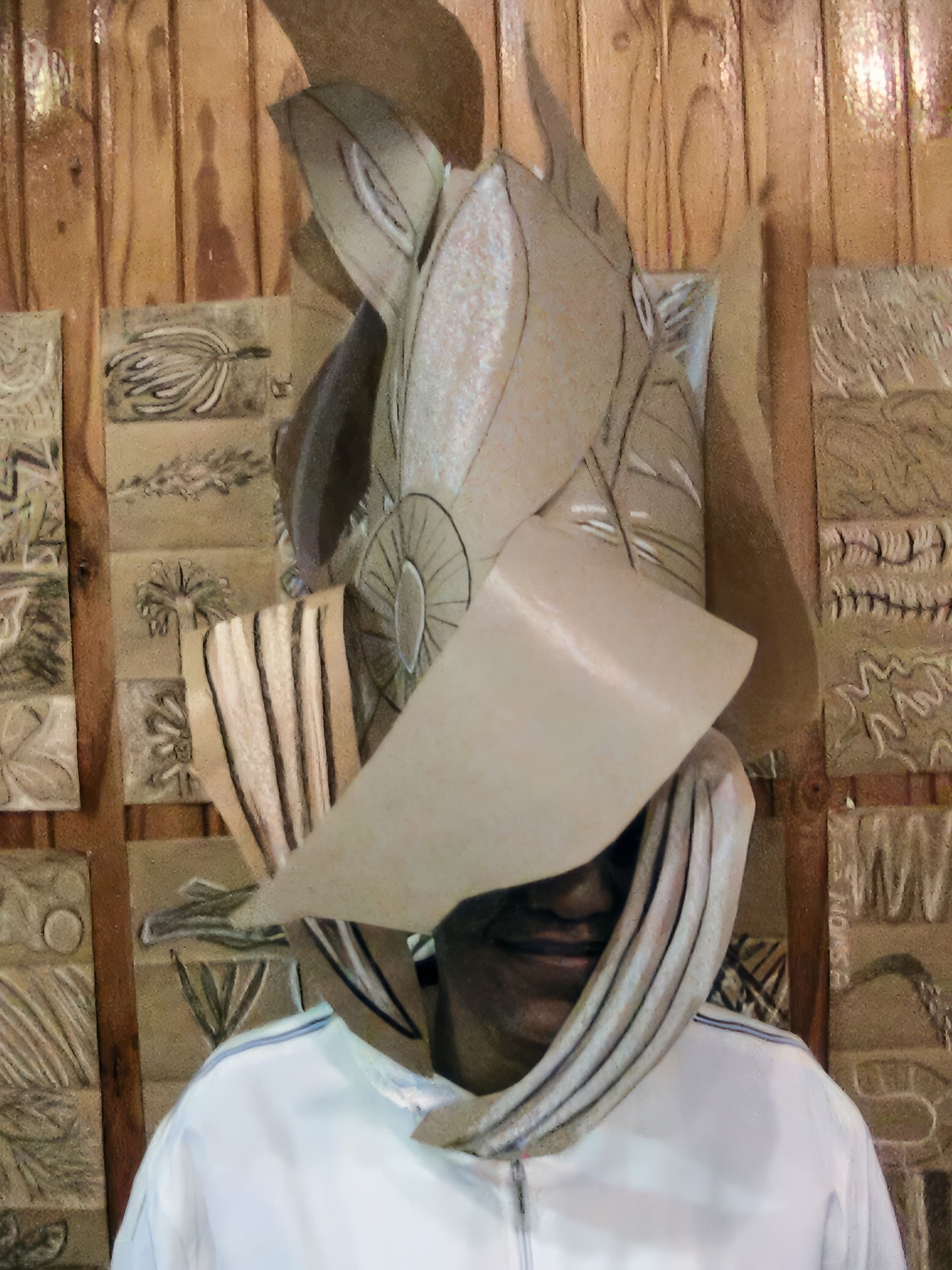 A person wearing an elaborate, sculptural cardboard mask with abstract shapes and patterns obscuring much of their face. The background features several carved or embossed brown panels with various designs, mounted on a wooden wall.