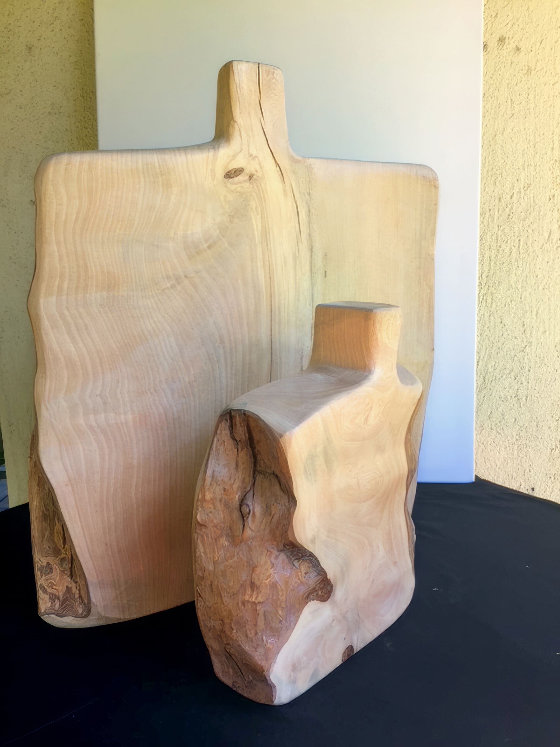 Two abstract, smooth-finished wooden sculptures with natural edges and grain patterns stand against a light background. One is tall and rectangular with a vertical protrusion; the other is shorter with organic curves and a section of rough, textured wood.
