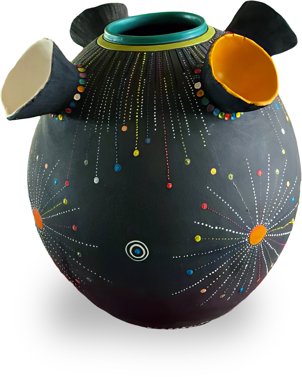 A round, black ceramic vase features four wide, flared openings, each lined with a different colour. The surface is decorated with dotted, colourful, radiating lines and circles resembling abstract constellations or fireworks.