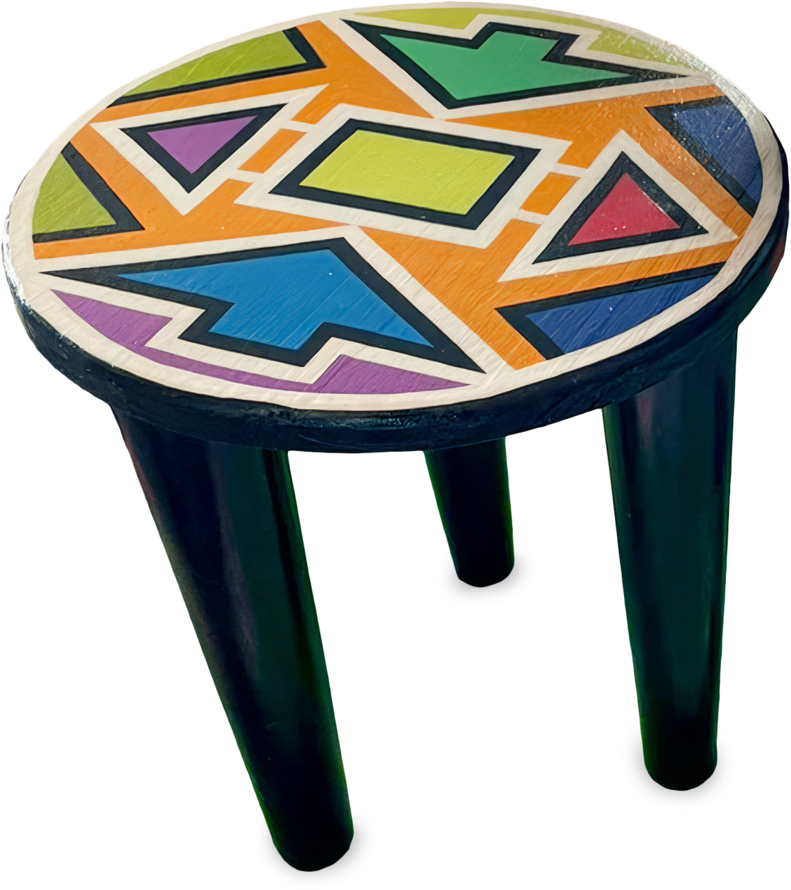 A round wooden stool with black legs. The seat features a colourful geometric pattern with triangles, rectangles, and trapezoids in orange, yellow, green, purple, and blue, outlined in black and white.
