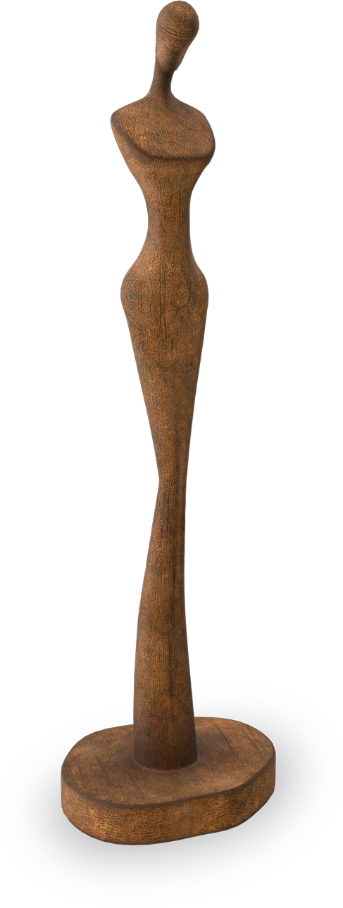 A tall, slender wooden sculpture of a stylised human figure with elongated limbs and torso, minimal facial features, and a smooth, abstract form standing on an oval base. The wood has a natural brown finish and visible grain texture.