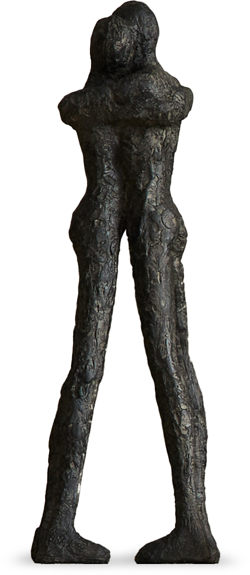 A bronze sculpture of two elongated human figures embracing, standing upright with their arms wrapped round each other; the surface is textured and rough, emphasising the abstract, minimalist style of the artwork.