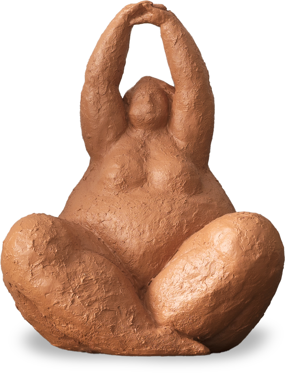 A textured, clay-coloured sculpture of a seated, nude, full-figured woman with arms raised overhead. Her legs are bent outward, feet touching. The style is rounded and abstract, with minimal facial details and a smooth yet uneven surface.