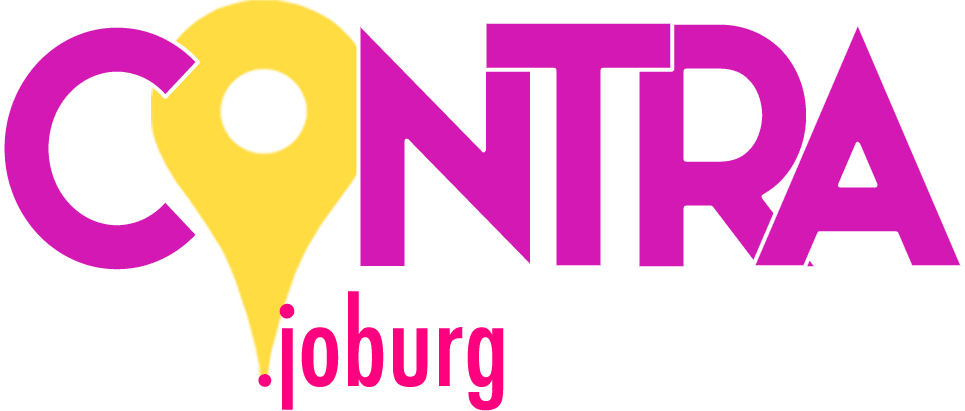 The word “CONTRA” in bold pink uppercase letters; the “O” is stylised as a yellow map pin with a black circle centre. Below, “joburg” is in lowercase pink letters aligned left under the map pin. The background is transparent.