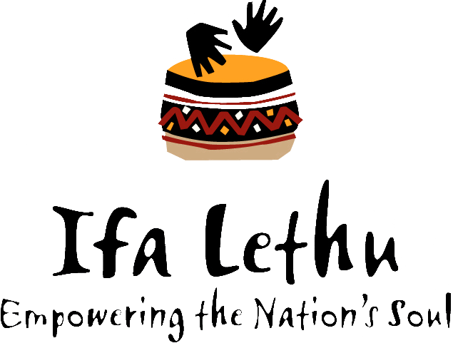 A round, orange drum with a red and black patterned band and two black hands above it. Below are the stylised words “Imbethu” and the tagline “Empowering the Nation’s Youth.”.