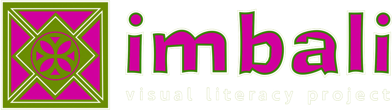 A logo with a geometric pattern in green and magenta on the left and the word "imbali" in bold magenta and green letters on the right. Below "imbali" is the phrase "visual literacy project" in lowercase, yellow-green text.