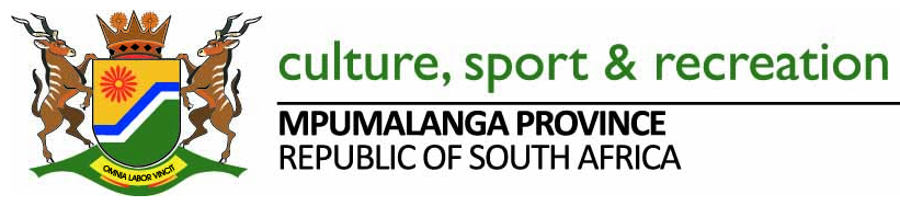 The image shows the official coat of arms of Mpumalanga Province, South Africa, with two antelopes, a sun, and shield. Next to it, the text reads: “culture, sport & recreation MPUMALANGA PROVINCE REPUBLIC OF SOUTH AFRICA”.