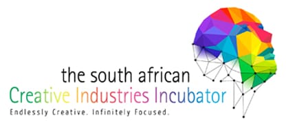 Logo for "The South African Creative Industries Incubator." It features a geometric, multicoloured silhouette of a human head on the right. Text below reads: "Endlessly Creative. Infinitely Focussed." with "Creative Industries" in rainbow colours.