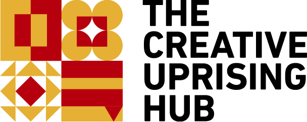 A geometric design with red, gold, and black shapes forms a square on the left. To the right, the text "University of Maryland" is in bold black letters. The pattern features diamonds, triangles, circles, and rectangles arranged in four quadrants.