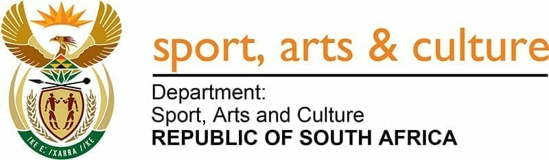 South African Department of Sport, Arts and Culture logo. Left: gold and green national emblem with shield and eagle. Right: text "sport, arts & culture," and below, "Department: Sport, Arts and Culture REPUBLIC OF SOUTH AFRICA" in black.