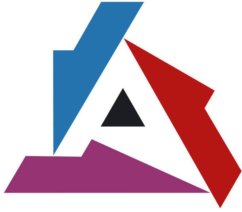 A black equilateral triangle is centred, surrounded by three larger, coloured arrows: blue on top left, red on top right, and purple at the bottom. The arrows form a rough circular motion around the central triangle. The background is white.