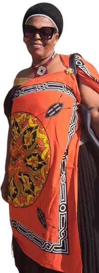 A smiling woman wearing large sunglasses and a black headwrap poses in a bright orange traditional garment, styled with patterns that evoke Contra.Joburg's vibrant energy. She carries a handbag and wears a beaded choker against a plain white background.