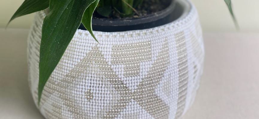 Close-up of a green leafy plant in a black pot, placed inside a decorative white basket with beige geometric beadwork patterns. The basket sits on a light surface, adding serenity reminiscent of 