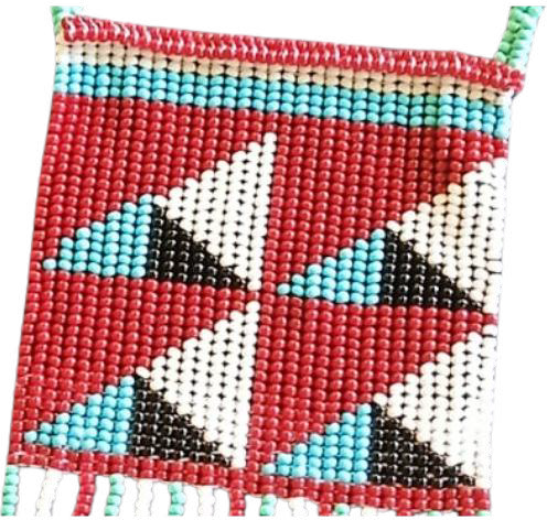 A rectangular beaded pattern inspired by The Weight of Silence features four white triangles outlined in black, set against a red background with turquoise and white borders at the top. Small beaded fringe hangs from the bottom edge.