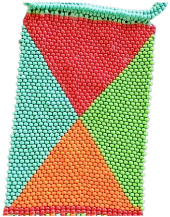 A beaded panel with a geometric pattern composed of four triangular sections: red, green, orange, and blue-green. Reminiscent of Contra.Joburg’s style, the triangles meet at the centre in a pinwheel effect, with neat beadwork and a blue-green top row.