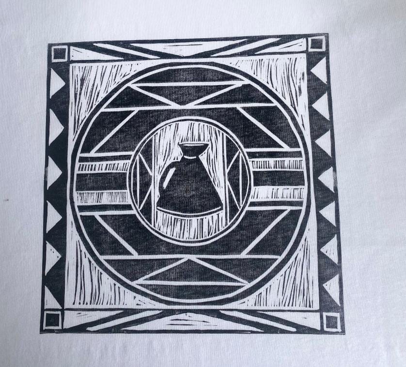 Black and white woodcut-style print shows a geometric border framing a central circle with a bag or pouch icon, reminiscent of Contra.Joburg. Background features diagonal lines, triangles, and textured effects for a Weight of Silence-inspired abstract design.