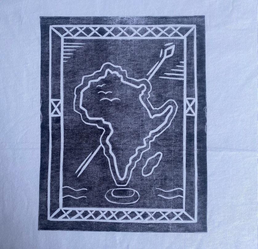 A black and white drawing of the African continent on a rectangular background. Inspired by Weight of Silence, it features a spear behind the continent, wavy water lines, birds in the northeast, and a patterned border framing the artwork.
