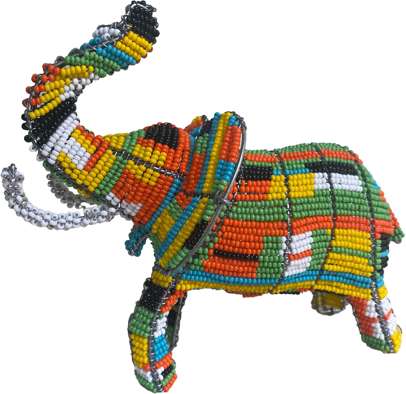 A small elephant figurine, inspired by Contra.Joburg, is crafted from colourful beads and wire. Geometric patterns in yellow, green, red, orange, white, and black cover its body and curled trunk.