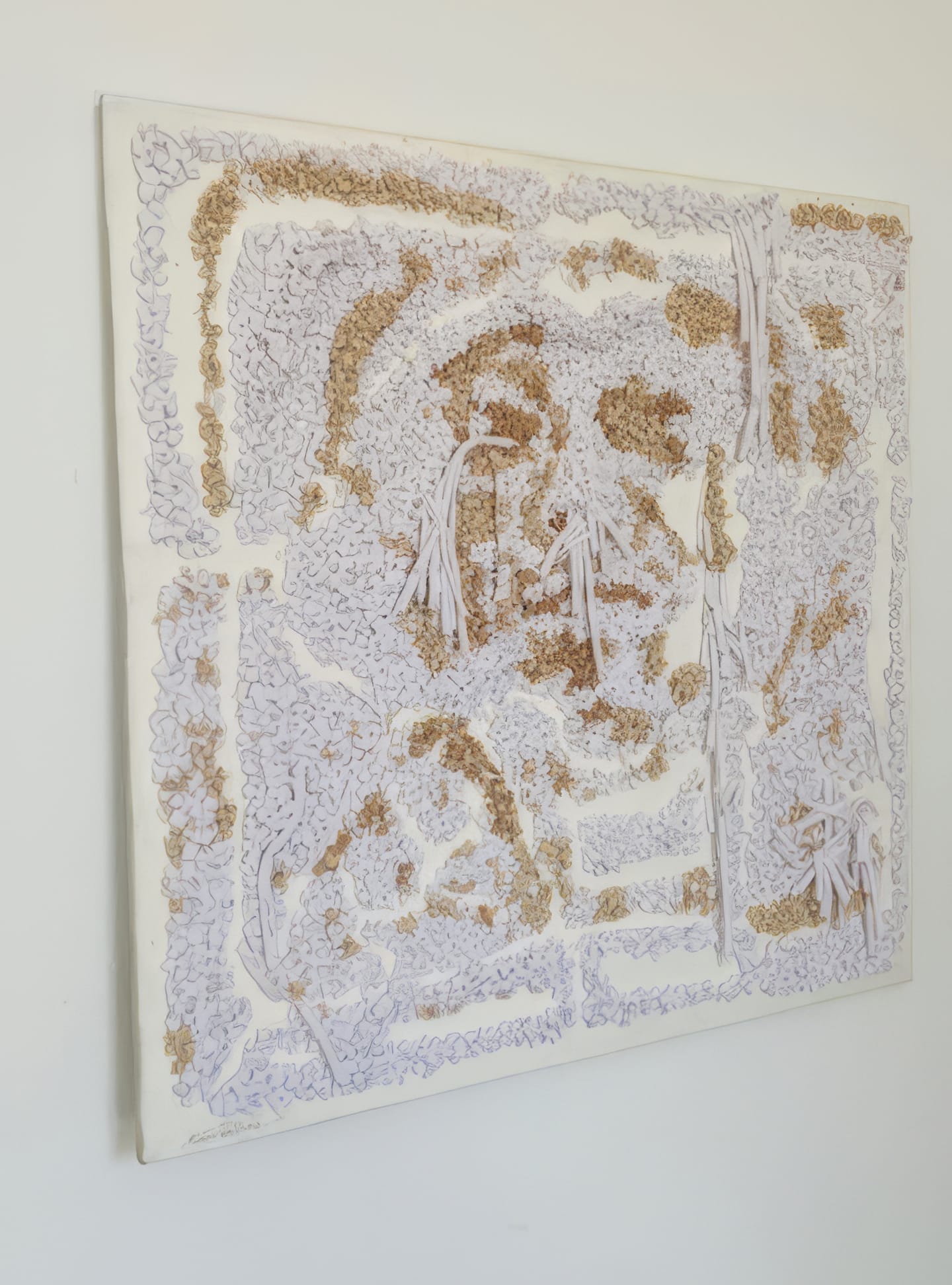A textured, abstract artwork hangs on a white wall at Contra.Joburg. The piece, titled 