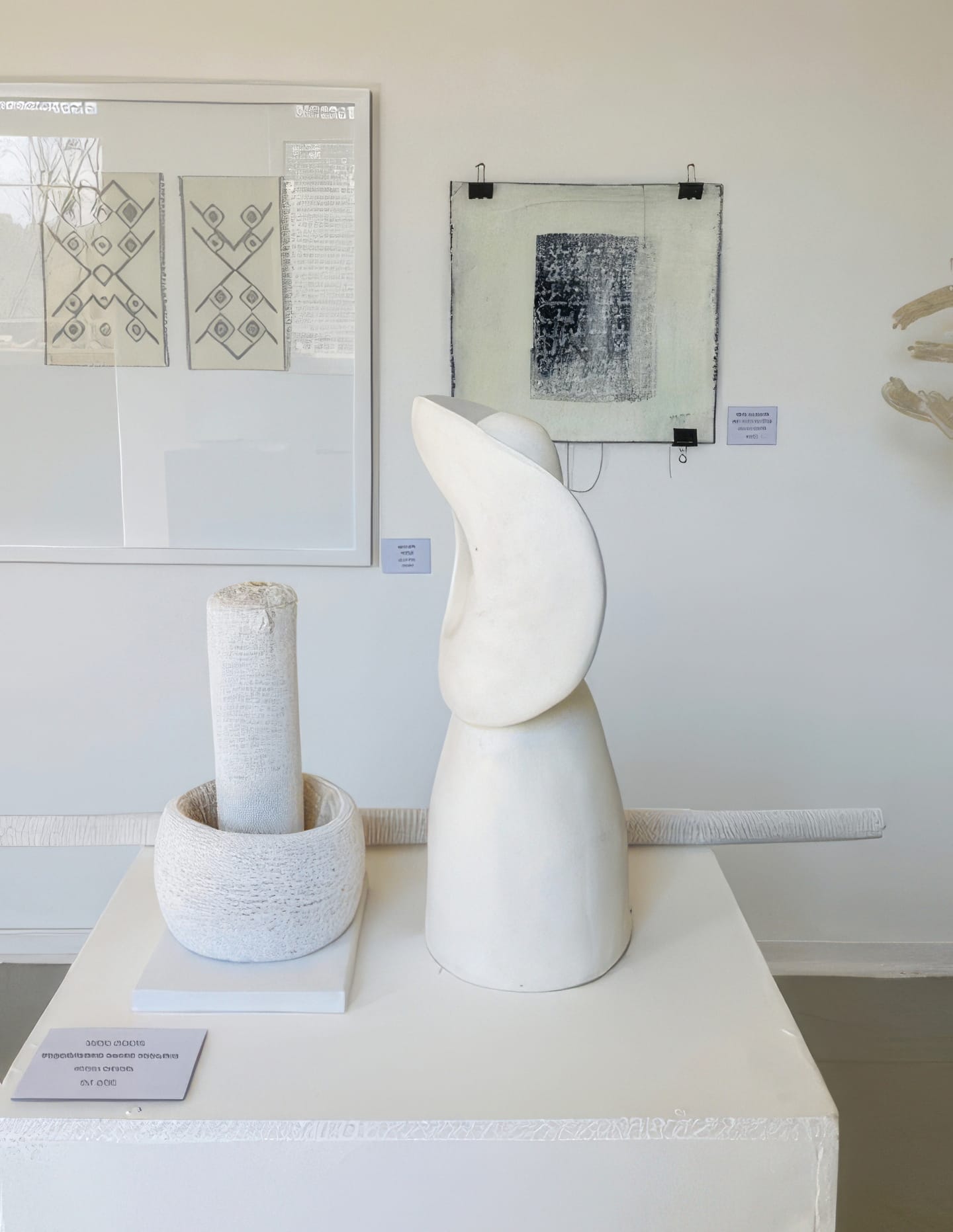 A white gallery space displays modern abstract sculptures: one, titled Weight of Silence, is a tall, curved form beside a textured cylindrical column in a bowl. Behind them, Contra.Joburg’s minimalist black-and-white artworks hang on the bright walls.