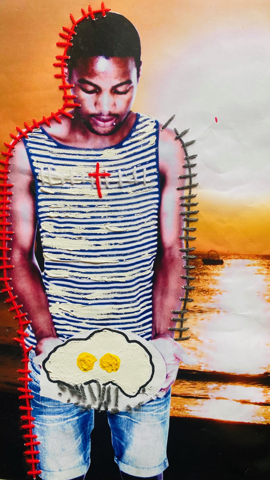A young man in a striped vest and shorts stands against a sunset beach backdrop. Red and grey stitching outlines his body, and he holds a cartoonish plate with two fried eggs, which is drawn and textured onto the photo.