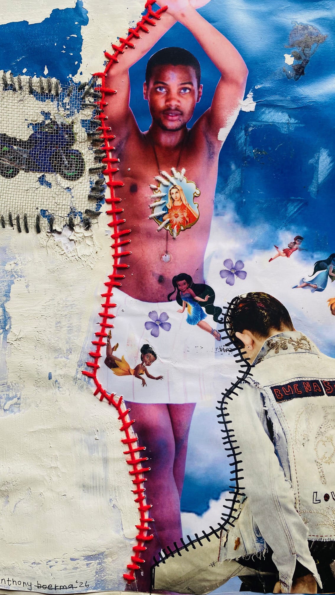 A colourful collage features a shirtless man with a Virgin Mary pendant, surrounded by flowers and cartoon figures. Red stitches border his image. In the foreground, a person in a denim jacket with patches and “BUKASA” written on it looks downward. Blue clouds fill the background.